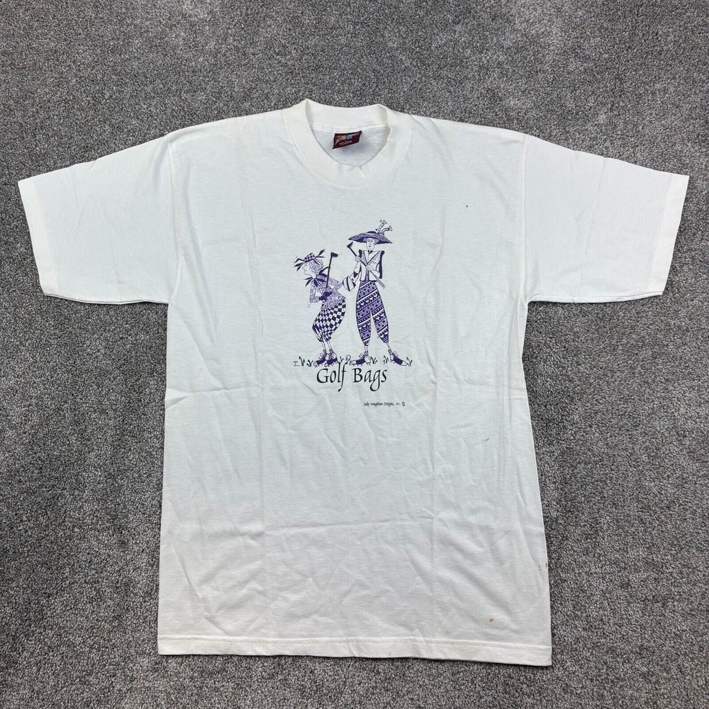 Vintage Golfing Art Shirt Mens Large White Golf Bags Jester Golfer Painting Golf